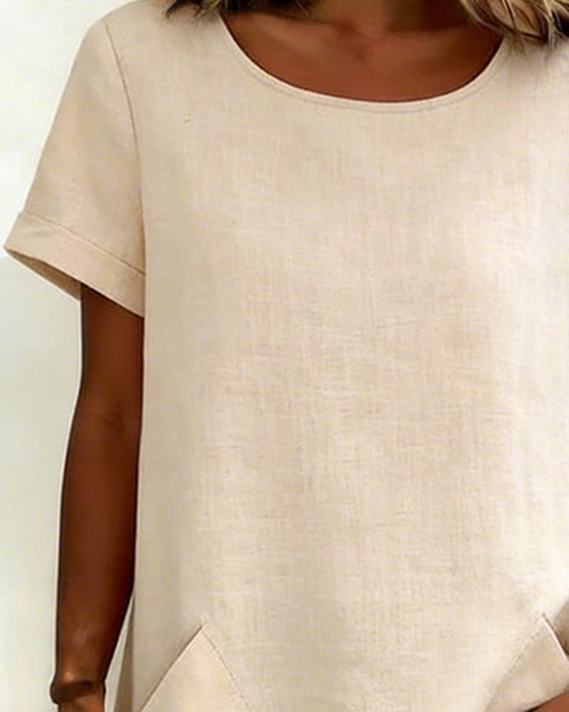 Irregular Round Neck Pocket Blouse