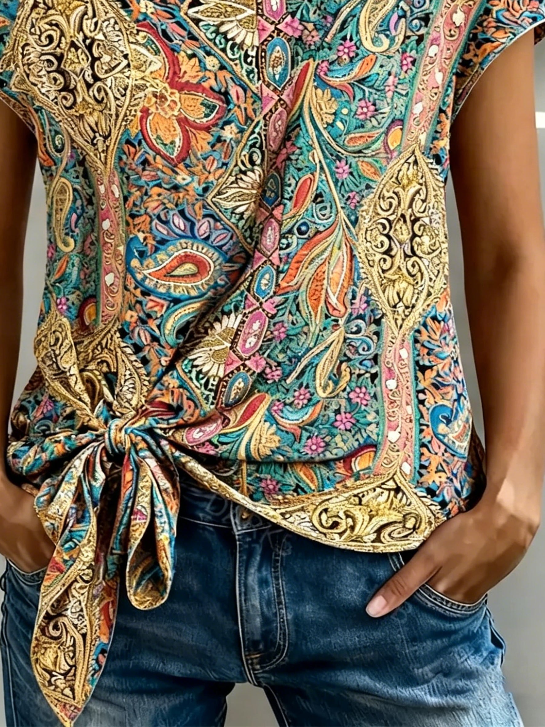 Print Short Sleeve Tie Front Blouse