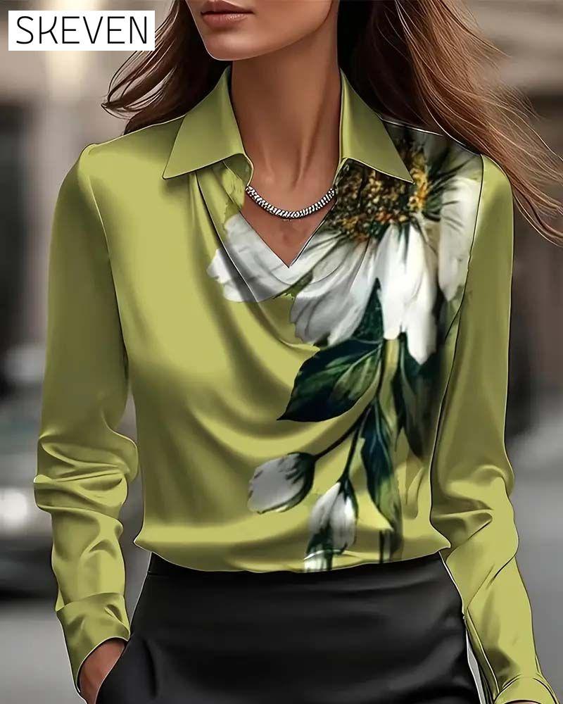 Lapel Straight Shoulder Printed Blouse