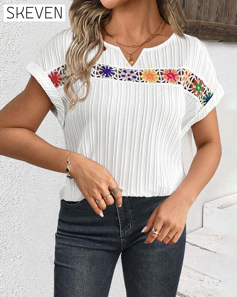 Patchwork printed rib short-sleeved top