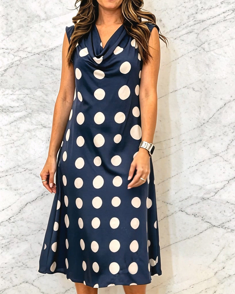 Sleeveless Pattern Polka Dot Cowl Neck Dress