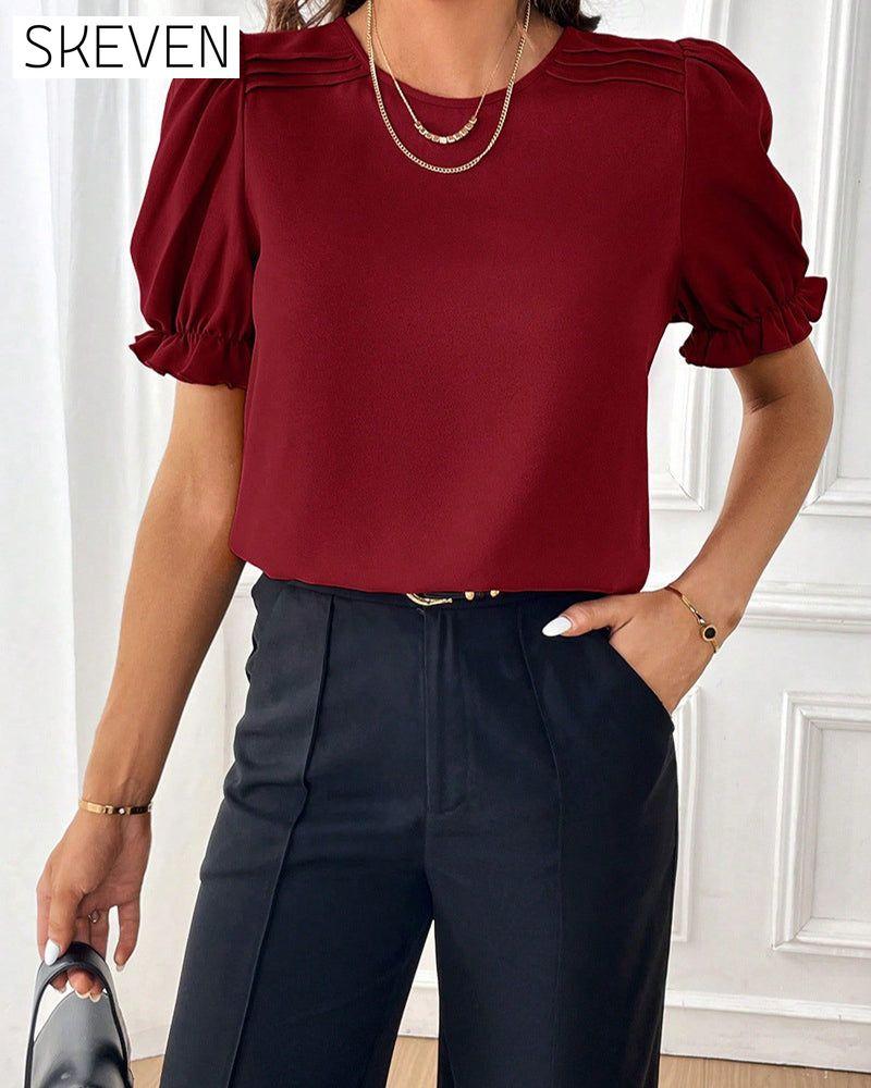 Solid Color Crew Neck Blouse