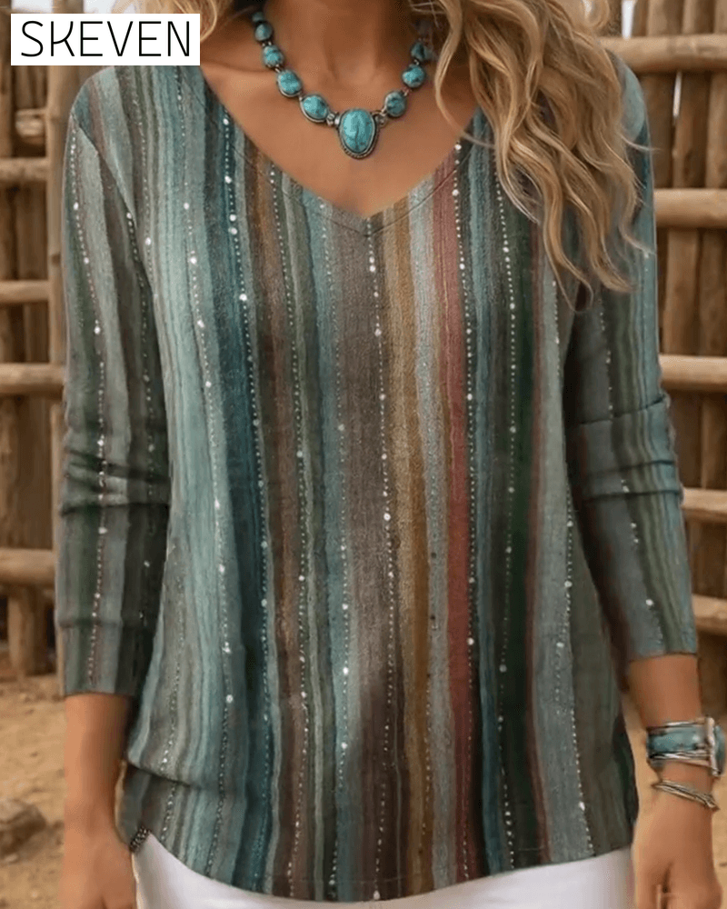 V-Neck Colorful Vertical Striped Print Top