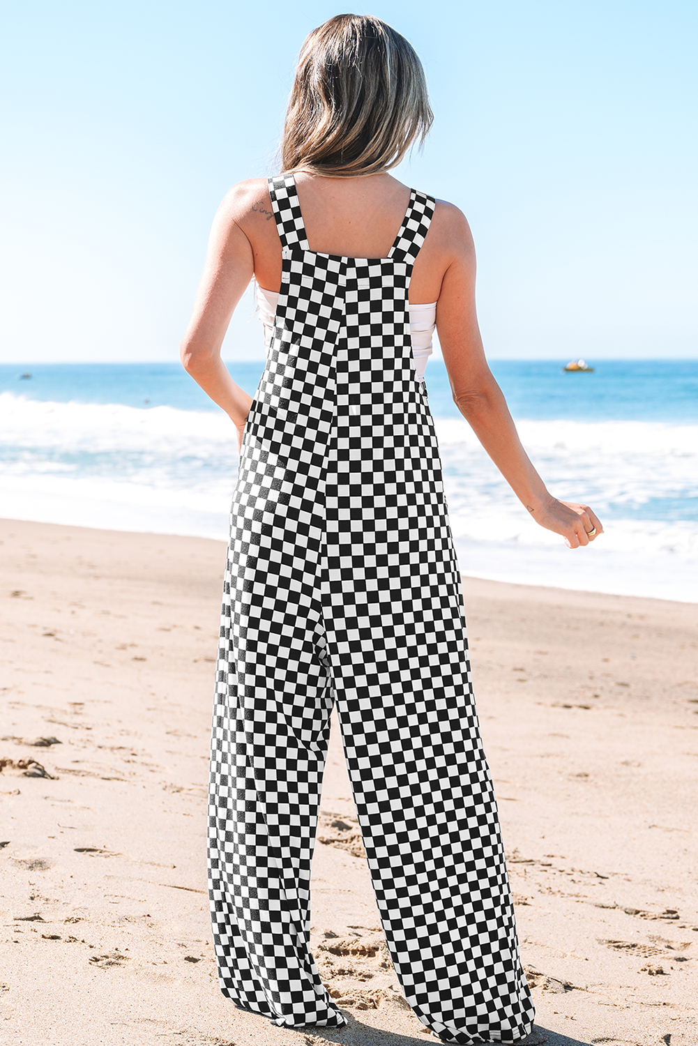Blue Zone Planet | Schwarzer Jumpsuit mit Karomuster, Taschen und weitem Bein