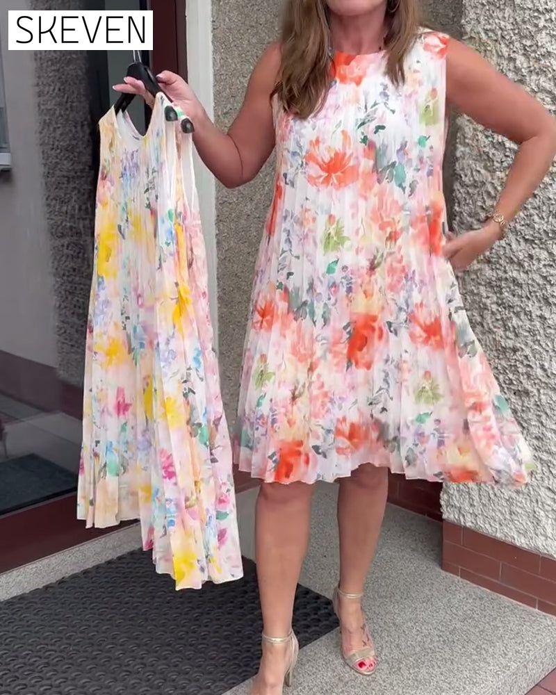 Sleeveless Pleated Floral Dress
