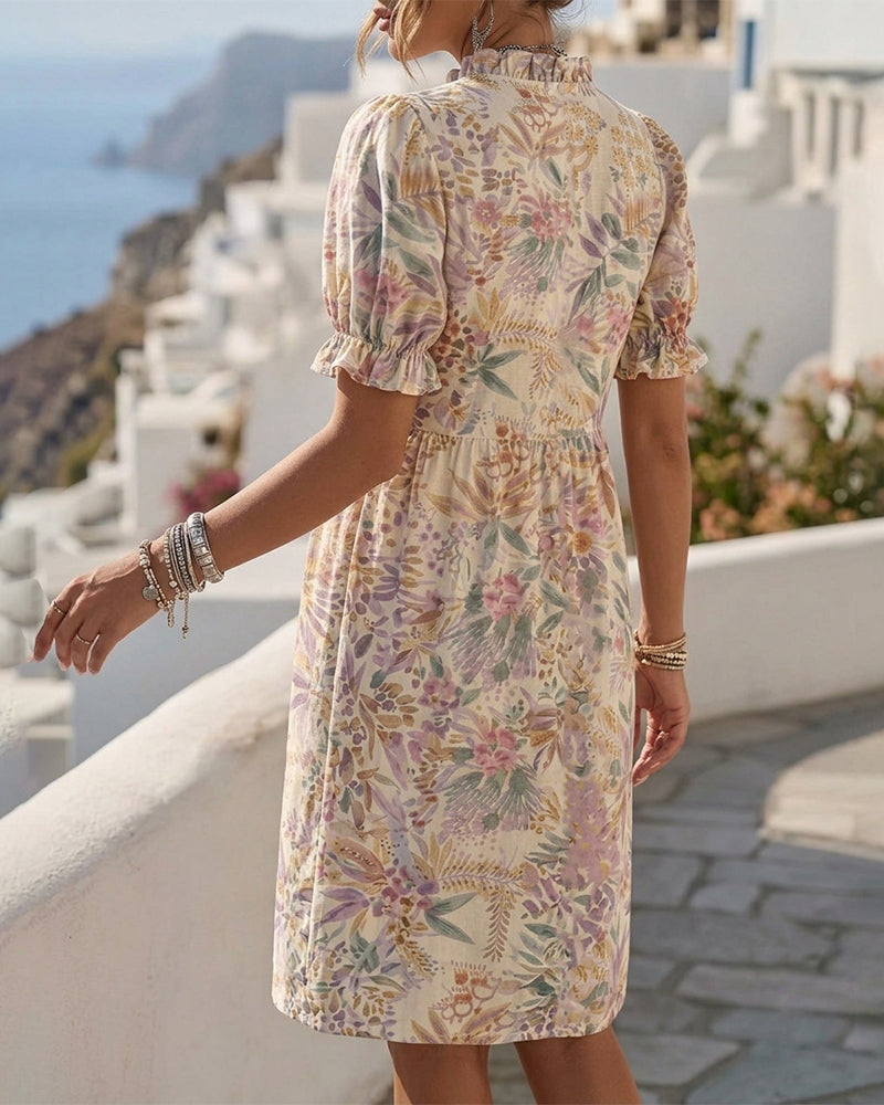 Waist-Cinched Puff Sleeve Ruffle Floral Dresses