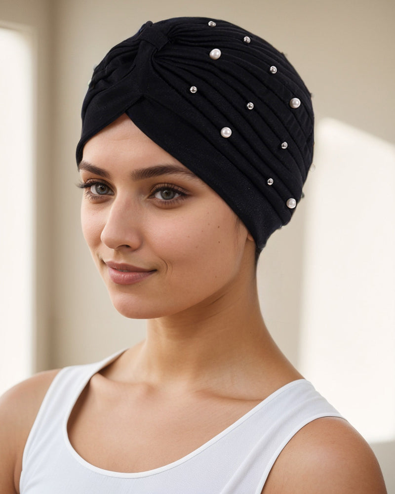 Pearl Pleated Pre-Tied Turban Hat