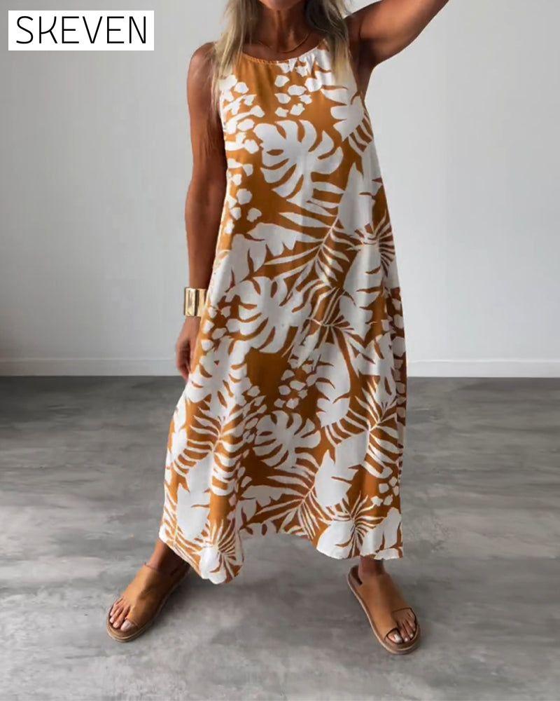 Leaf print casual sleeveless dress