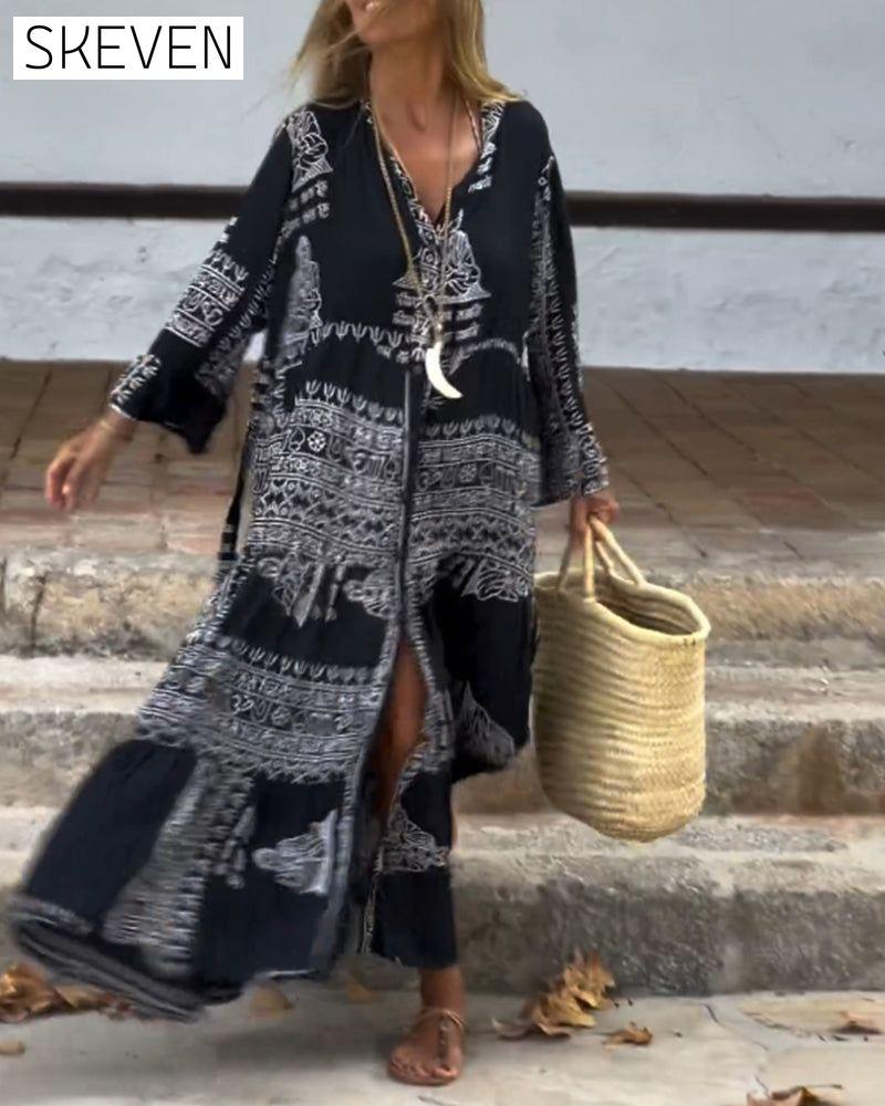 Retro contrast print long sleeve casual dress casual dresses spring summer vacation dresses
