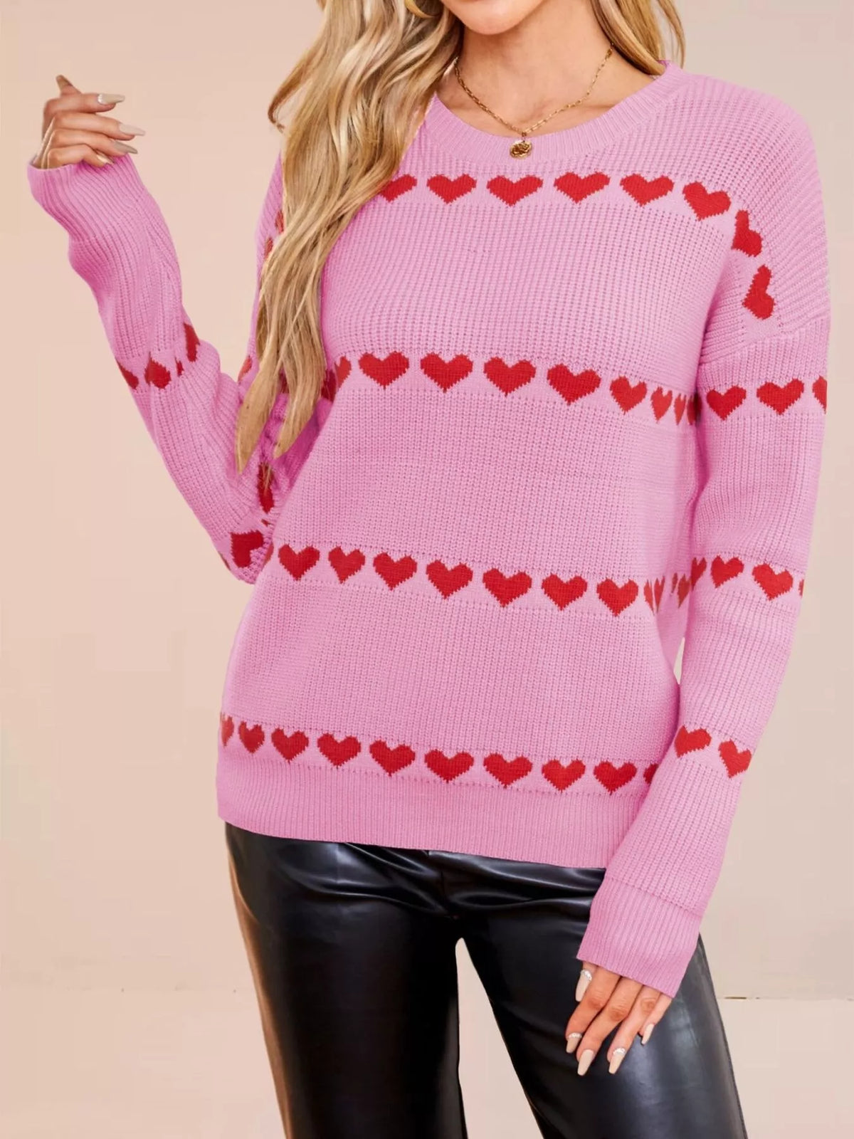 Heart Pattern Dropped Shoulder Sweater
