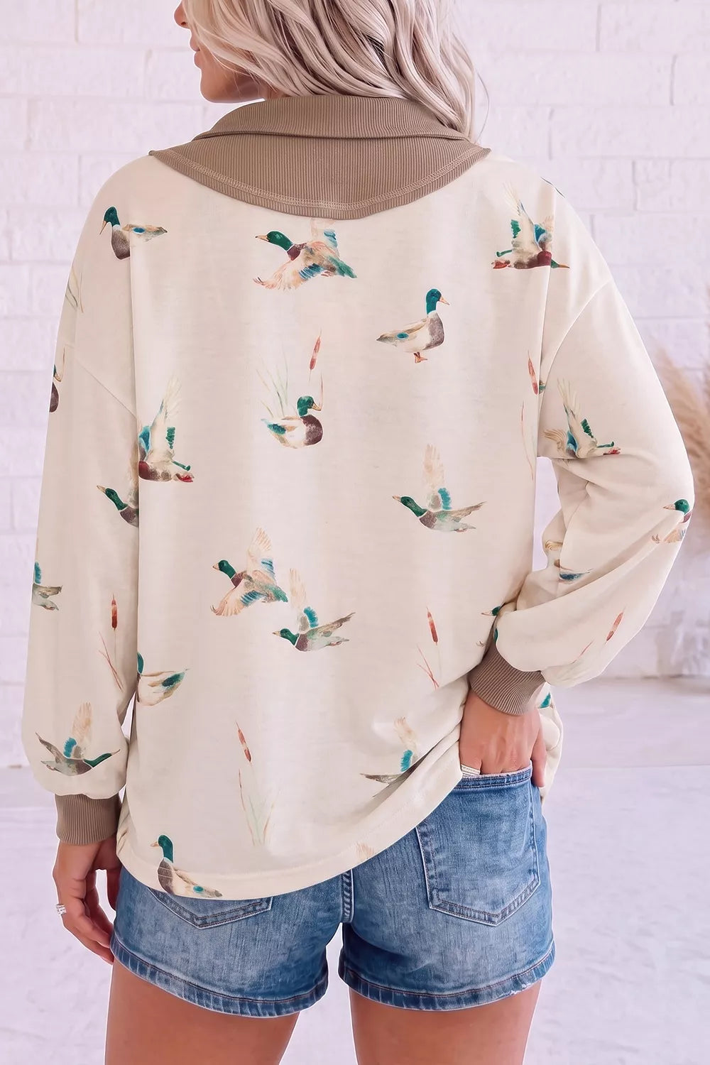 Quarter-Zip Duck Print Casual Sweatshirt