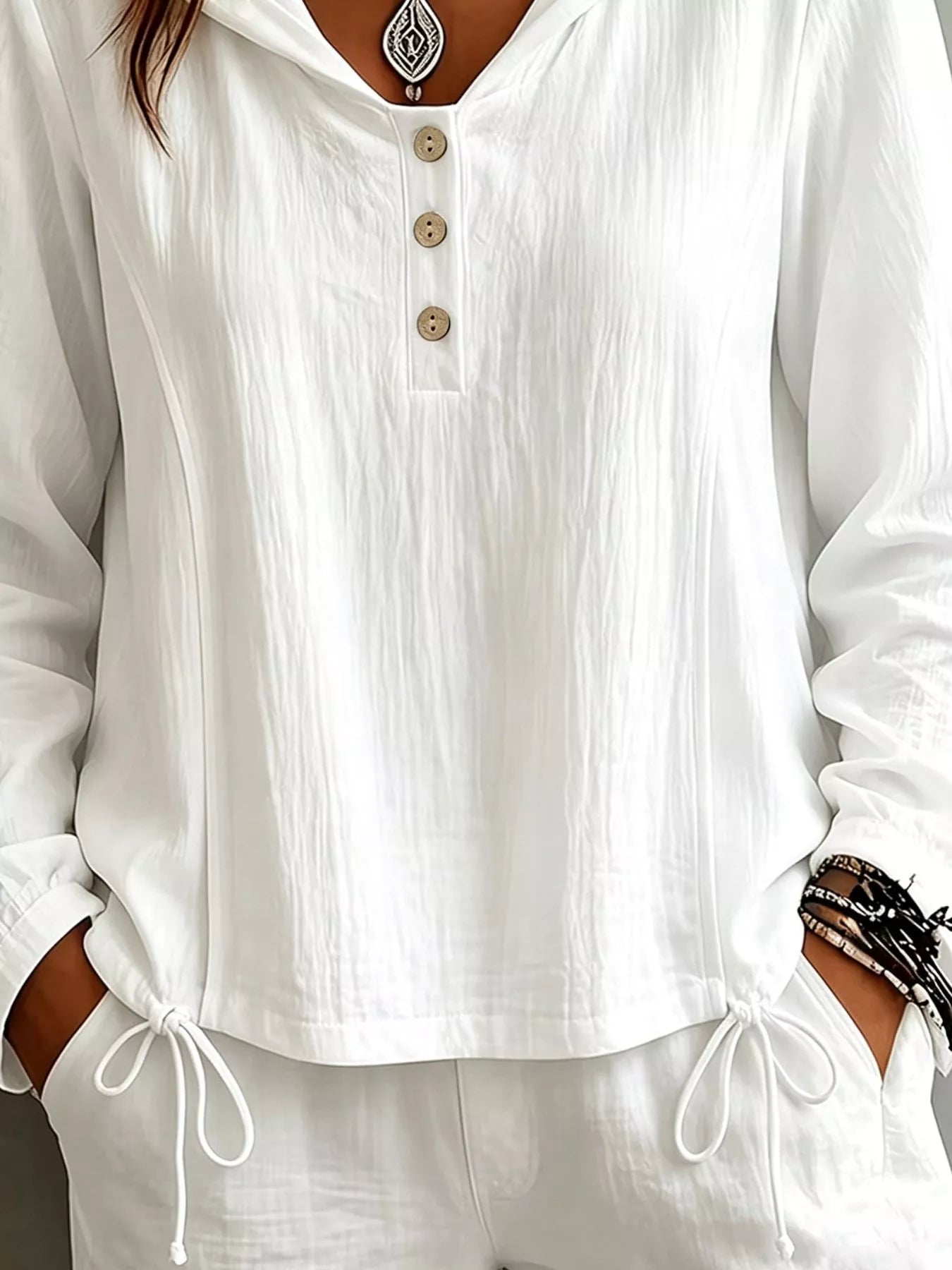 Button Detail Long Sleeve Hooded Blouse