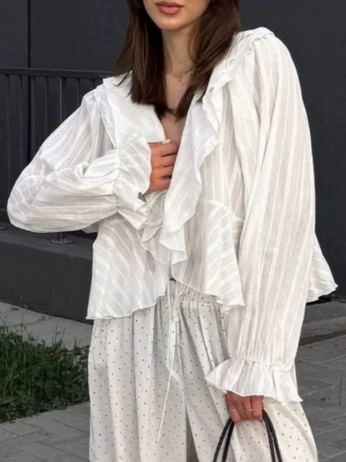 Ruffled Striped Flounce Sleeve Blouse