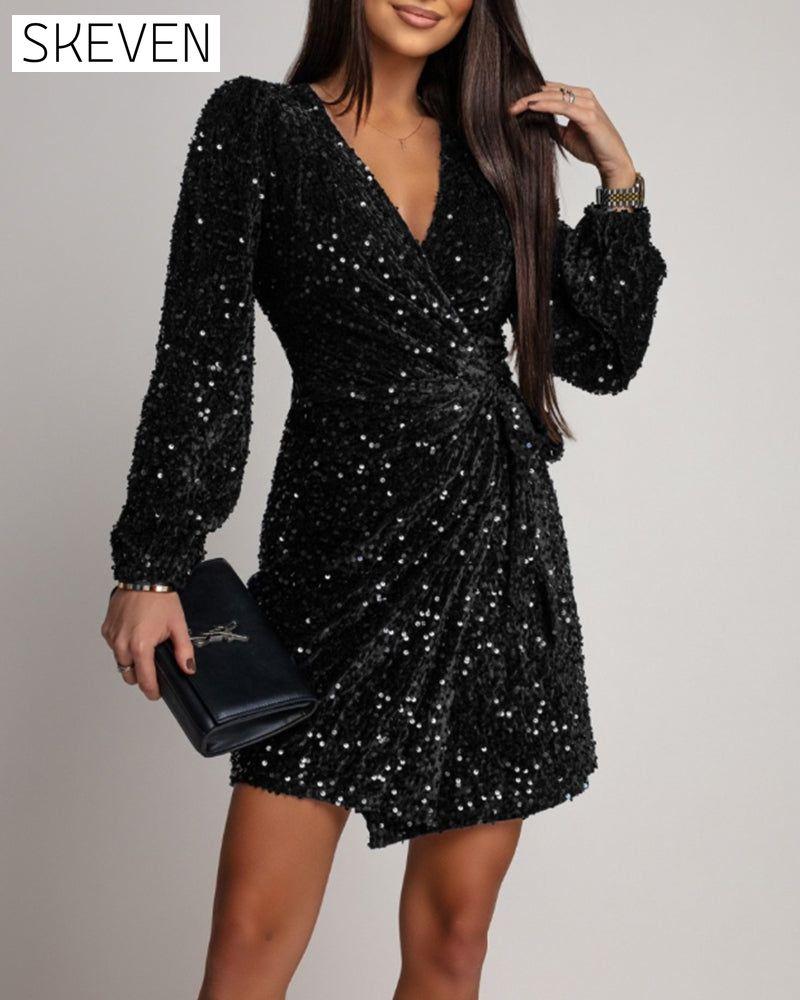 Robe tendance à sequins, col en V et manches lanternes