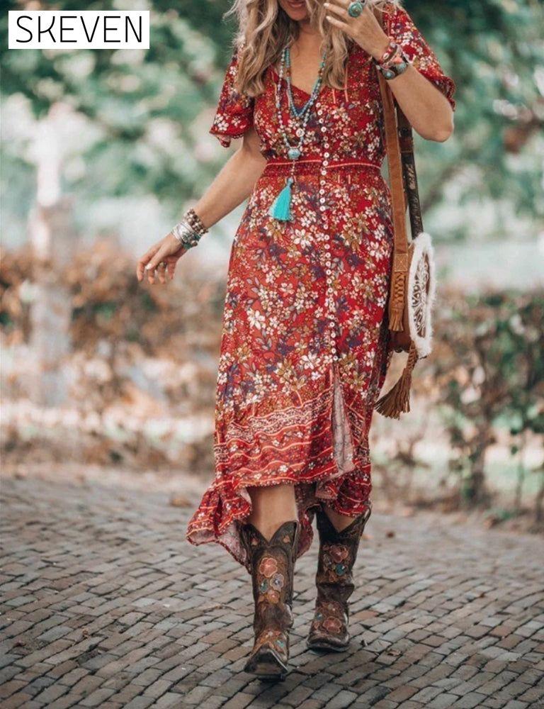 Boho printed short-sleeve slit dress 202466 boho dresses summer