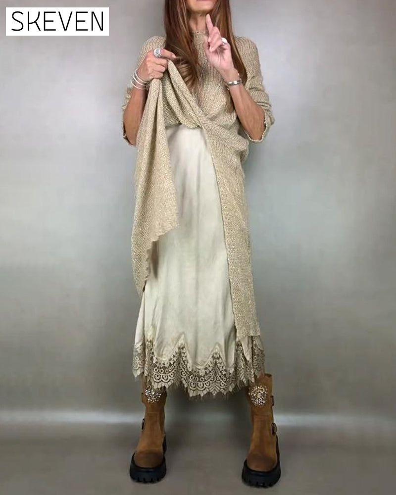 Ensemble deux pièces robe en maille et robe à bretelles fines en dentelle