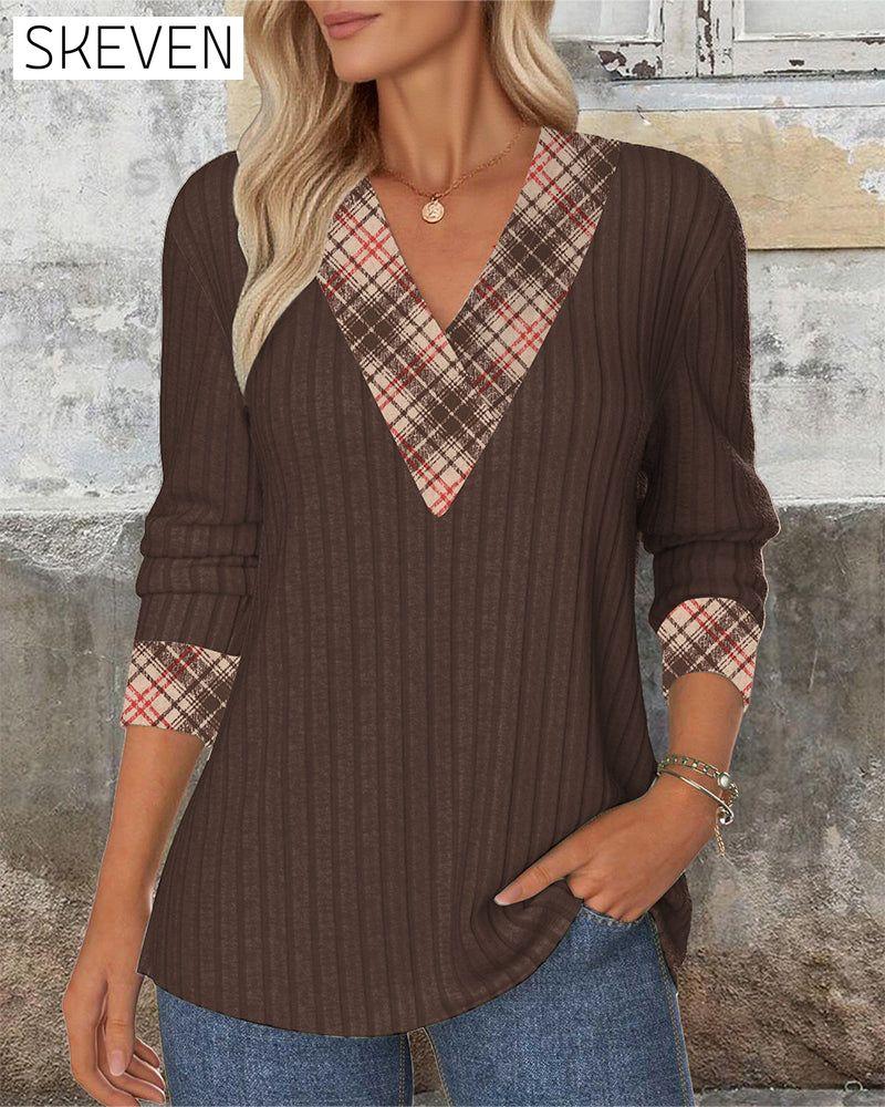 V-Neck Paneled Plaid Knitted Sweater