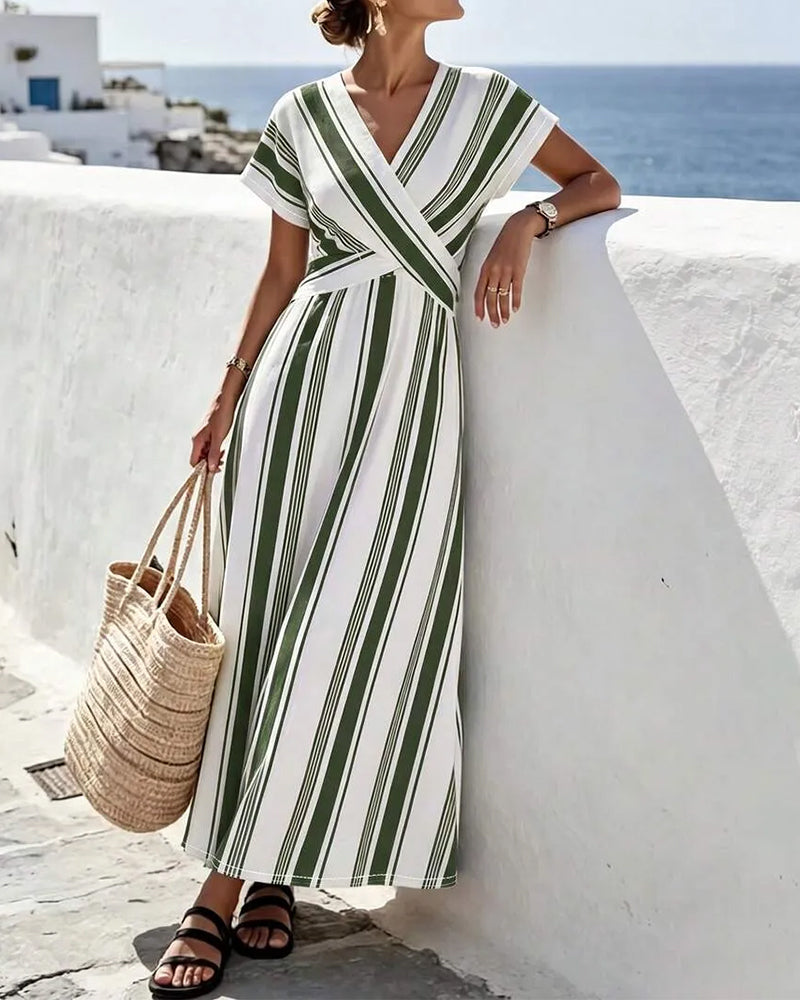 Cross V-Neck Stripe Wrap Long Dress