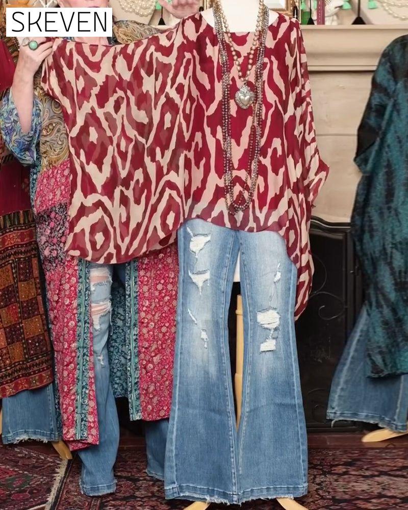 Batwing Sleeve Print Long Sleeve Blouse
