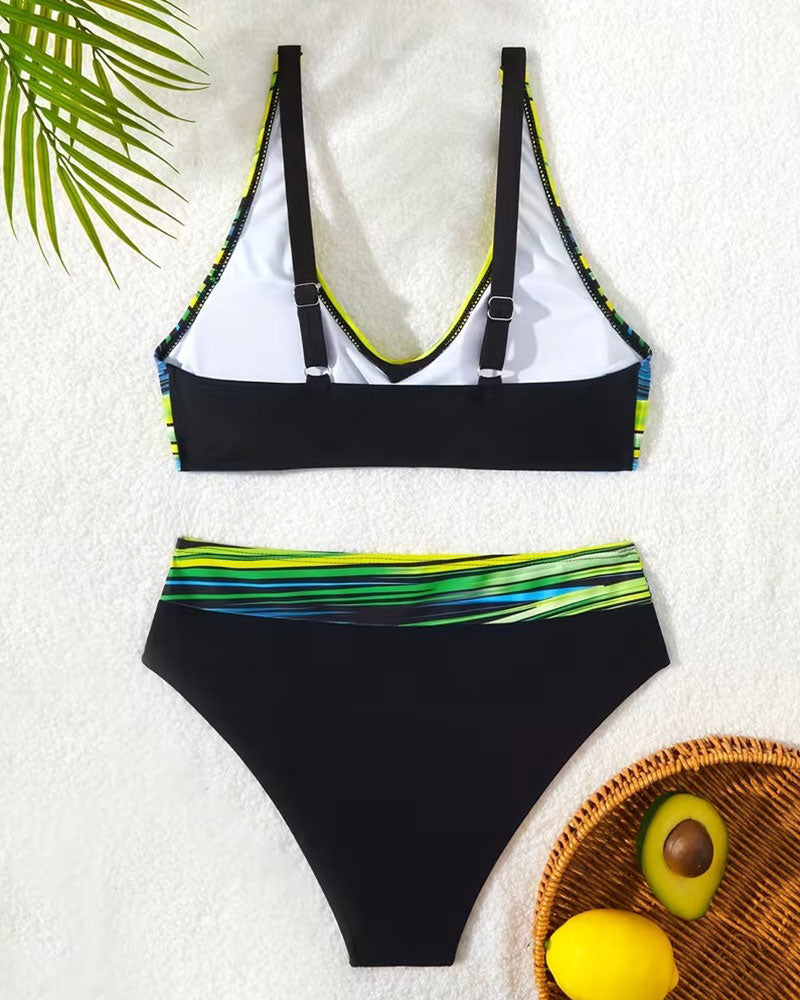 Color-Blocked Resort-Style Striped Two-Piece Bikini