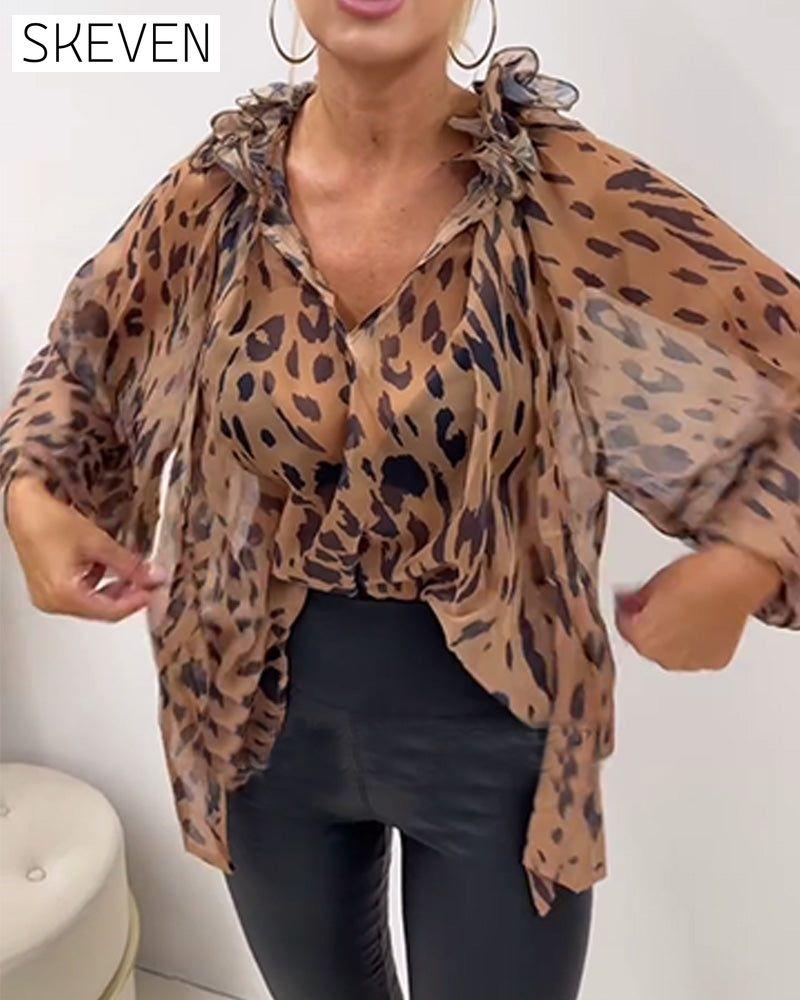 Ruffle Collar Printed V-Neck Blouse