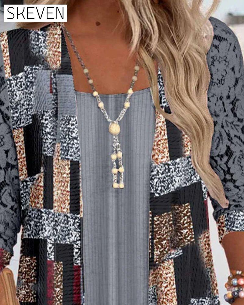 Faux Two-Piece Printed Long-Sleeved Blouse