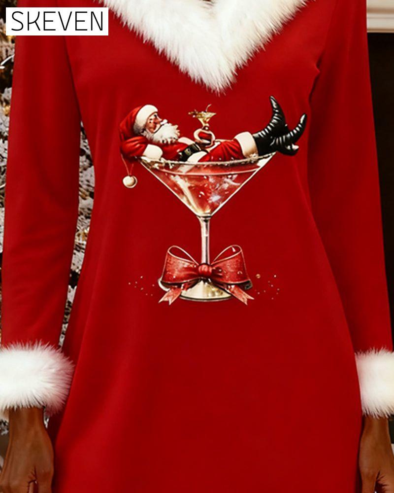 Robe imprimée de Noël à col en fourrure