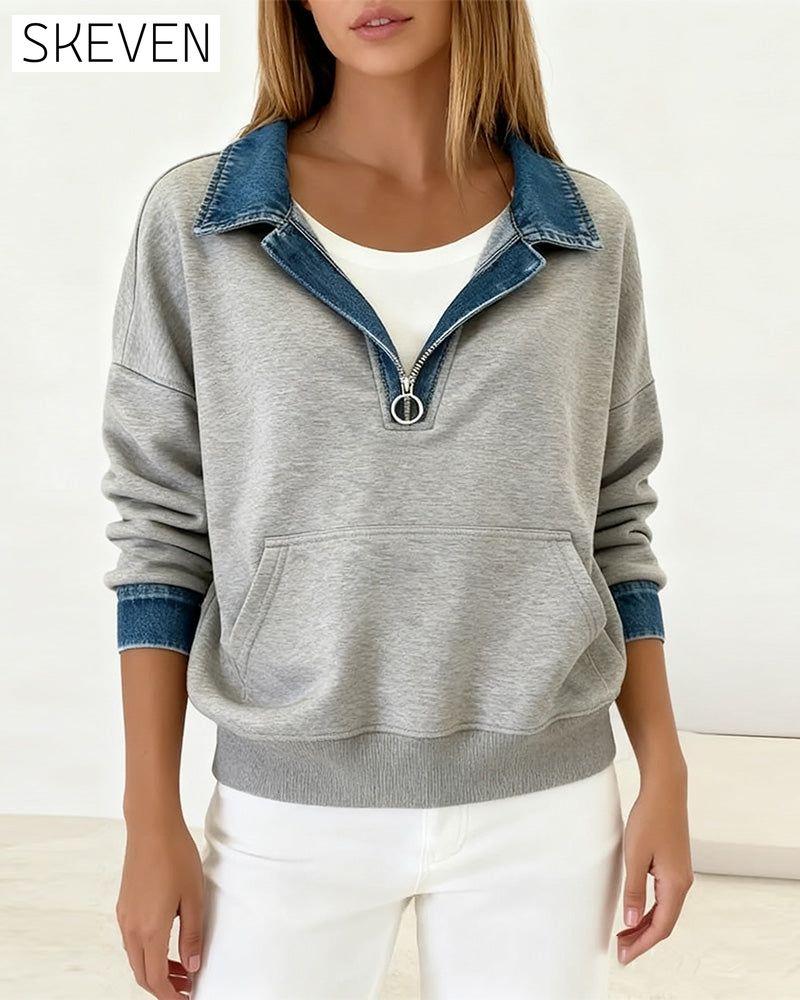 Sweatshirt mit kontrastfarbenen Ziernähten am Revers