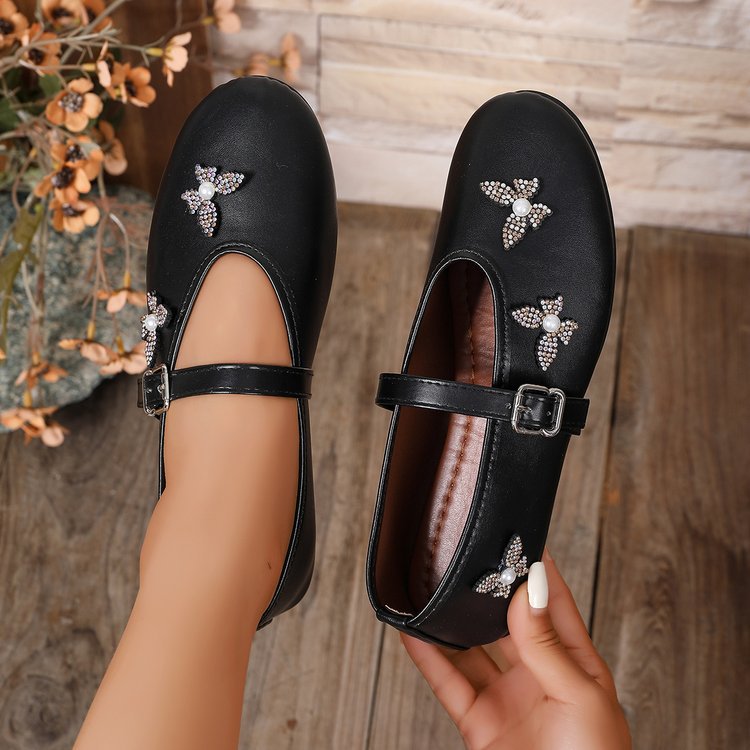 Mary Jane Rhinestone Bow Mary Jane Low-top Pumps Work Shoes