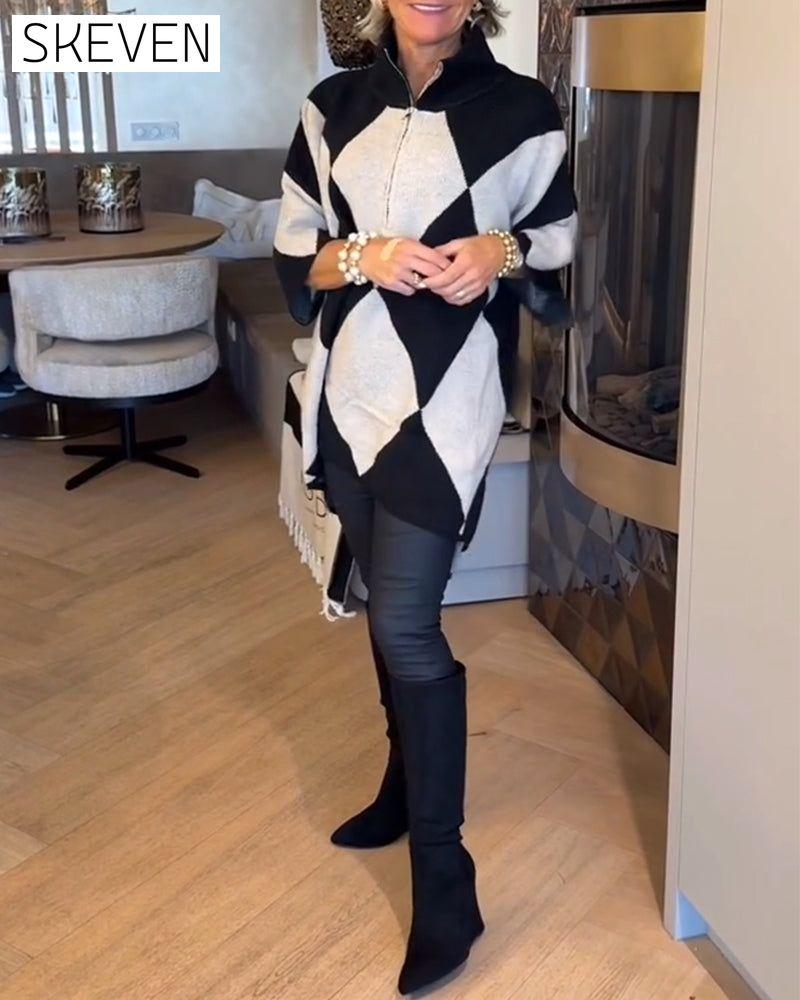 Stand-Up Collar Argyle Irregular Pullover