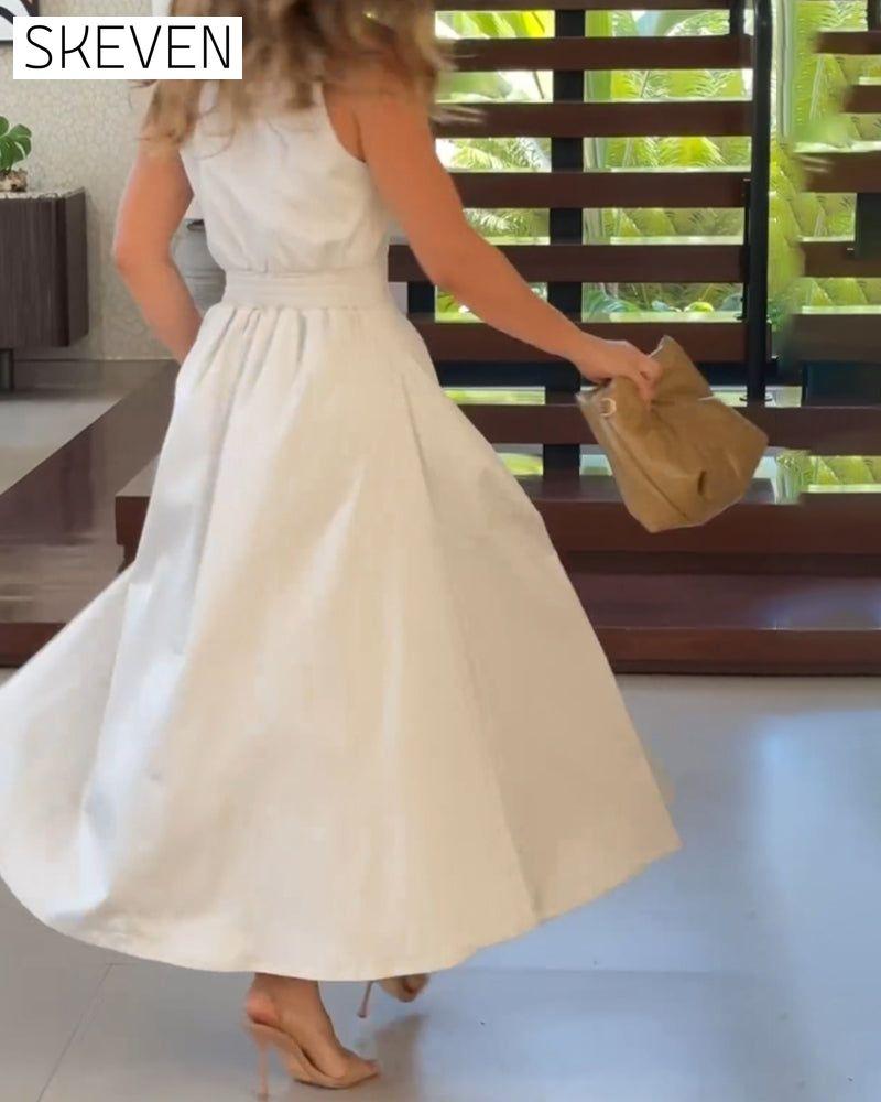 Sleeveless lapel elegant solid color dress