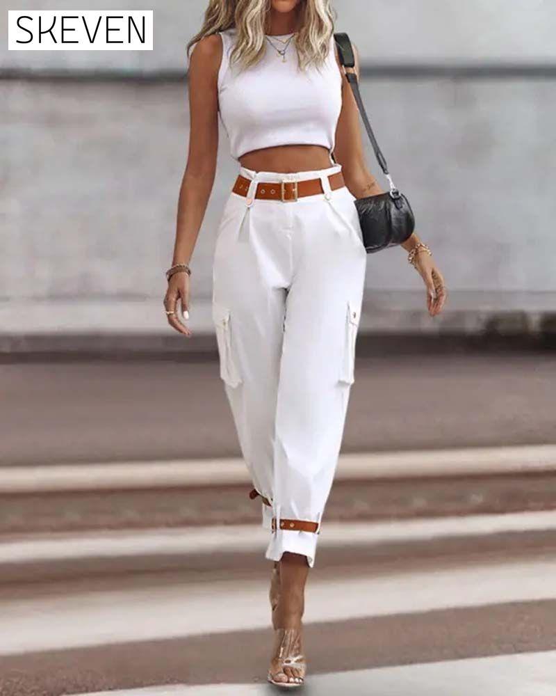 Solid color pocket casual cargo pants pants spring summer
