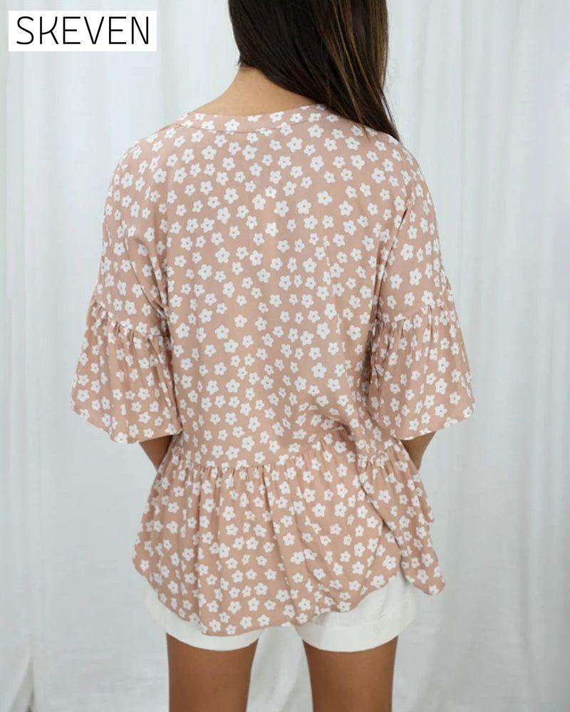 Bluse mit V-Ausschnitt, Trompetenärmeln und Blumenmuster