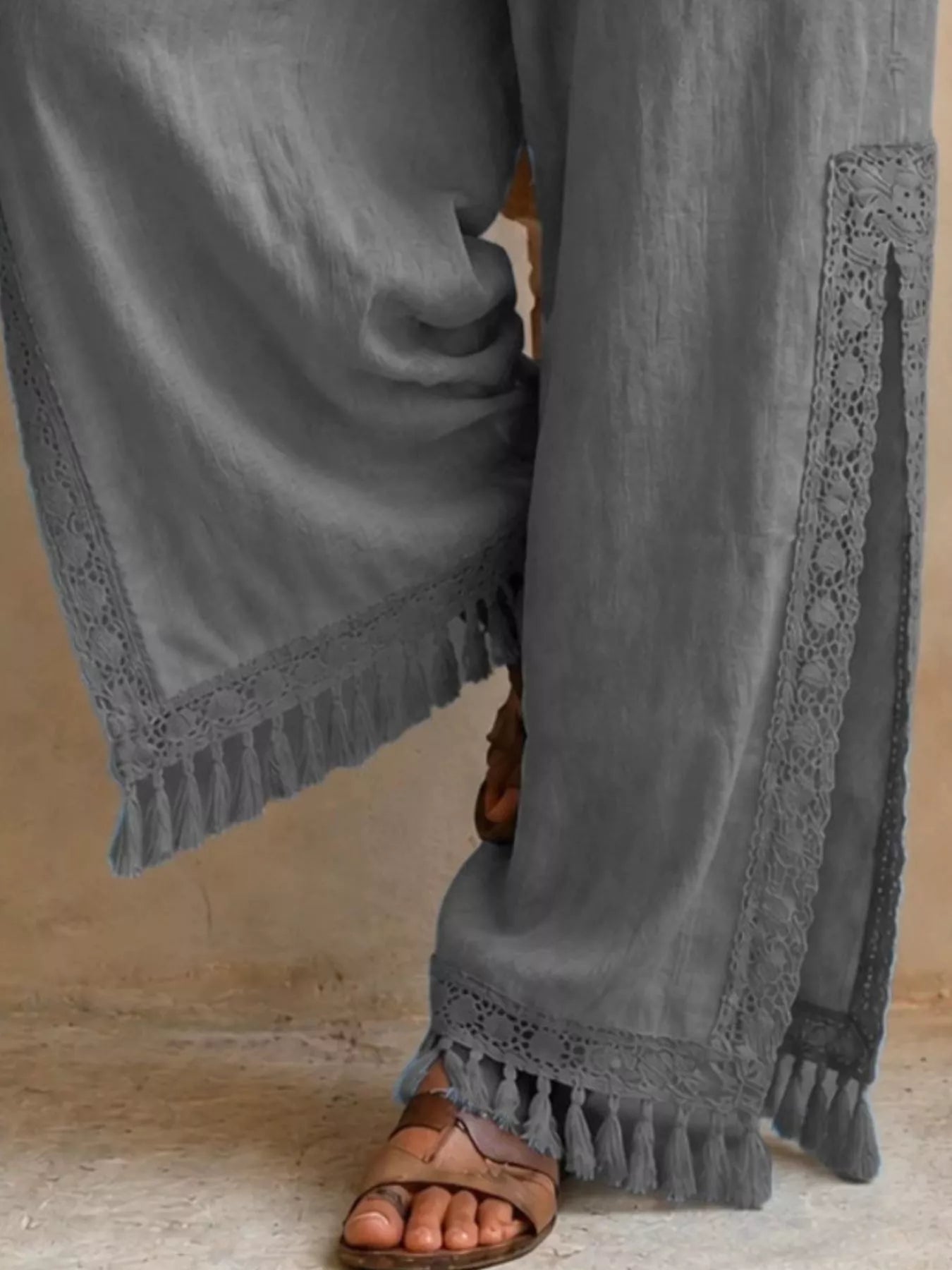 Lace Detail Slit Wide Leg Pants