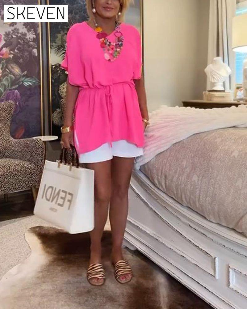 Short-Sleeved Tie V-Neck Blouse