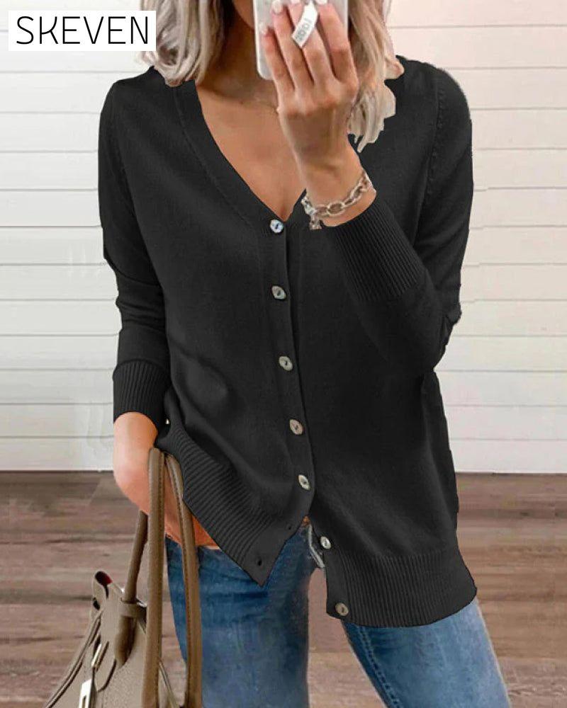 Schlichtes Stricktop mit Knopfverschluss und V-Ausschnitt für Damen 
