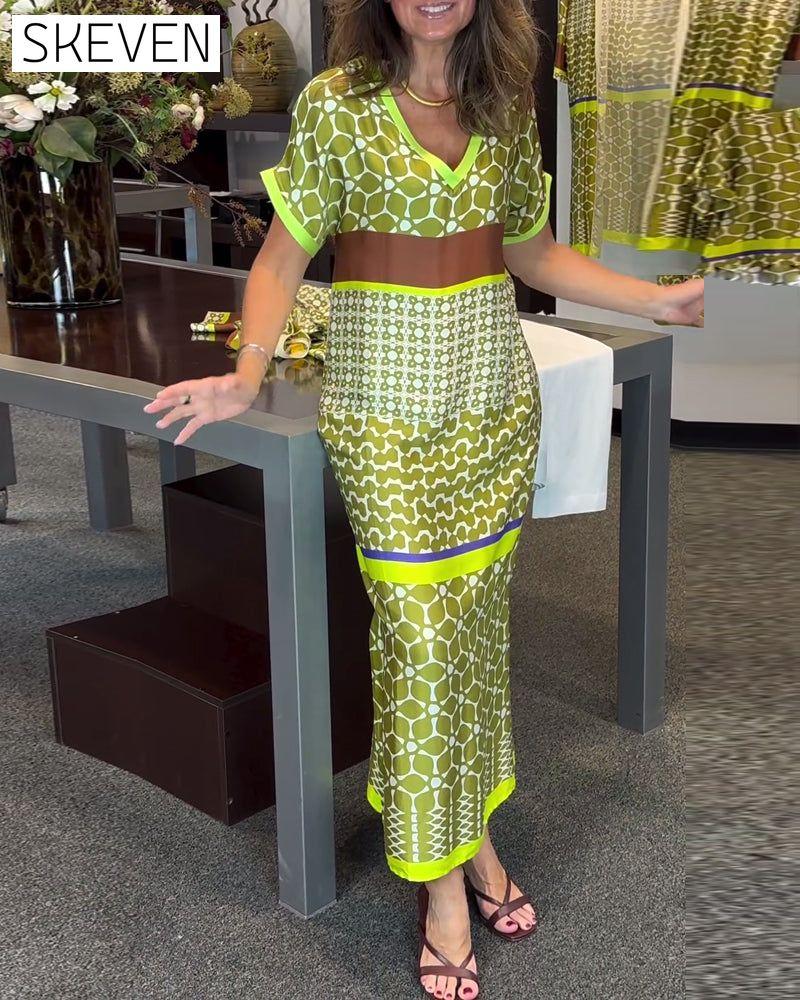 Short-sleeve V-neck contrast printed long dress casual dresses spring summer