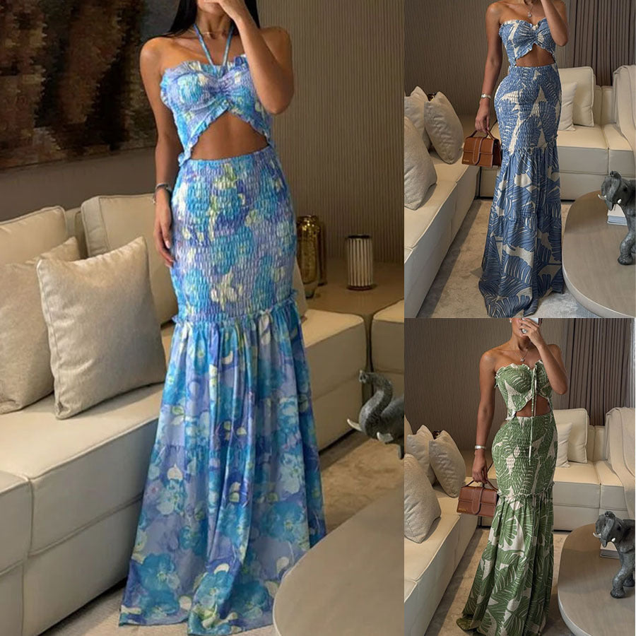 Printed Halter Neck Cutout Maxi Dress