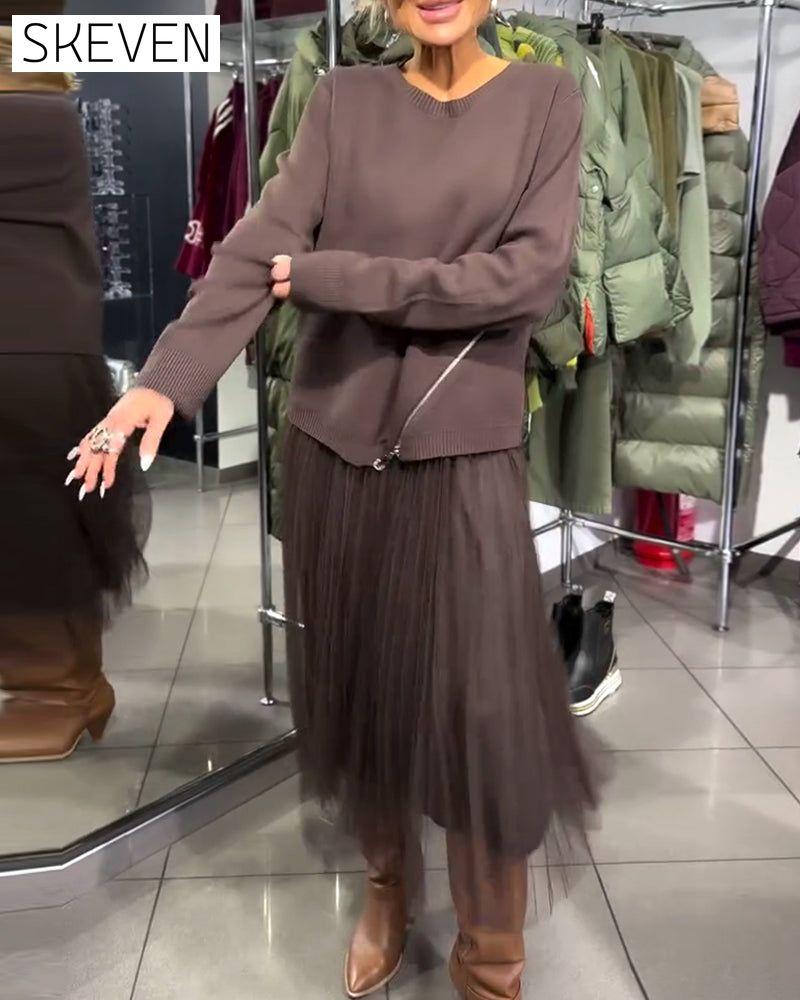 Set aus stylischem Pullover mit Reißverschluss und Rundhalsausschnitt