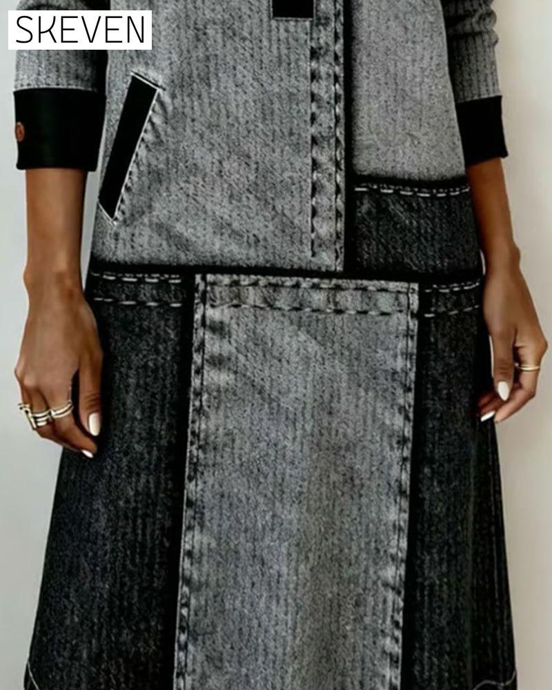 Modisches Kleid mit Knopfleiste, V-Ausschnitt und Farbblock-Design