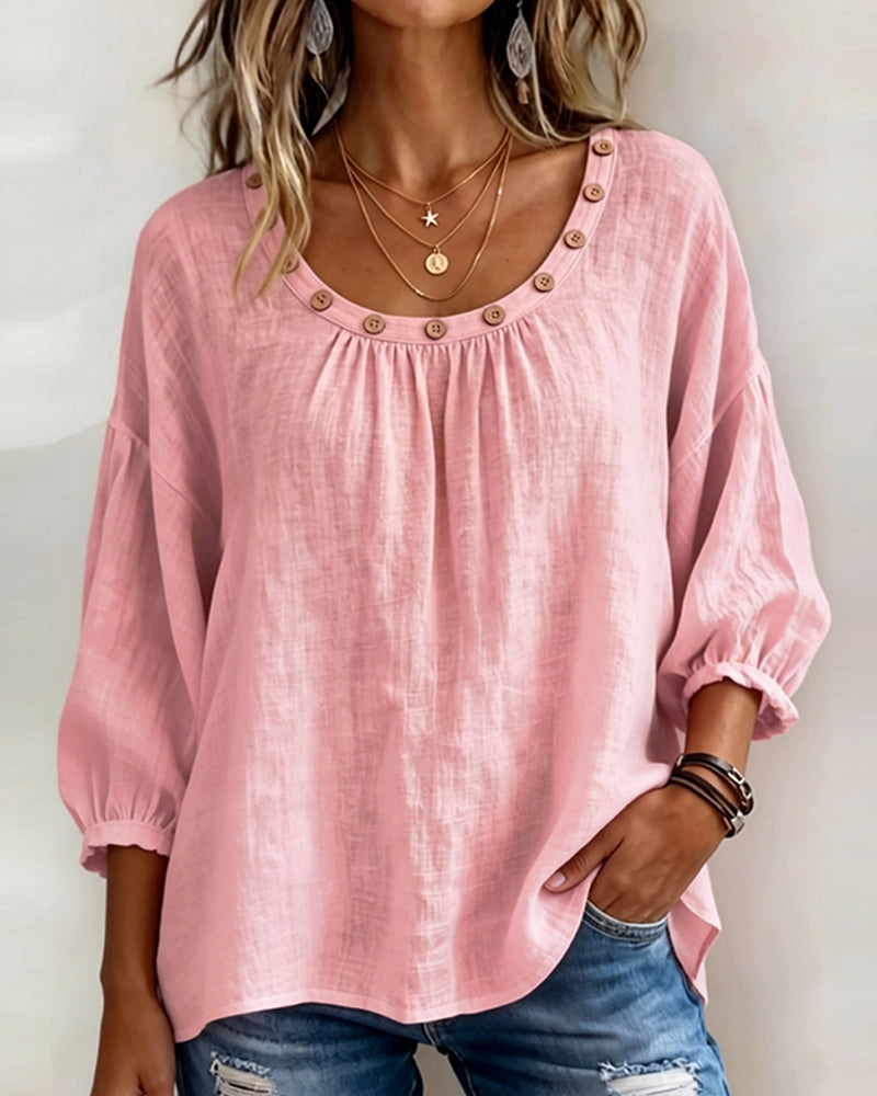 Crew Neck Button Loose Blouse
