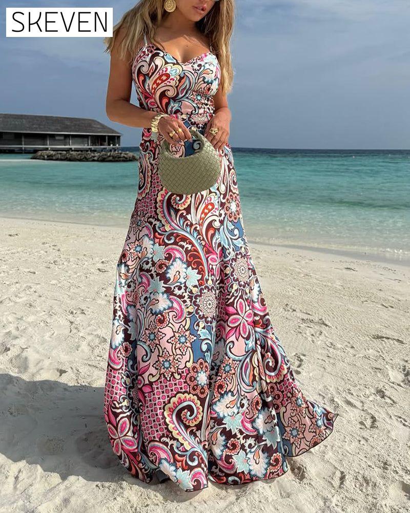 Robe bandoulière imprimée pour les vacances à la plage