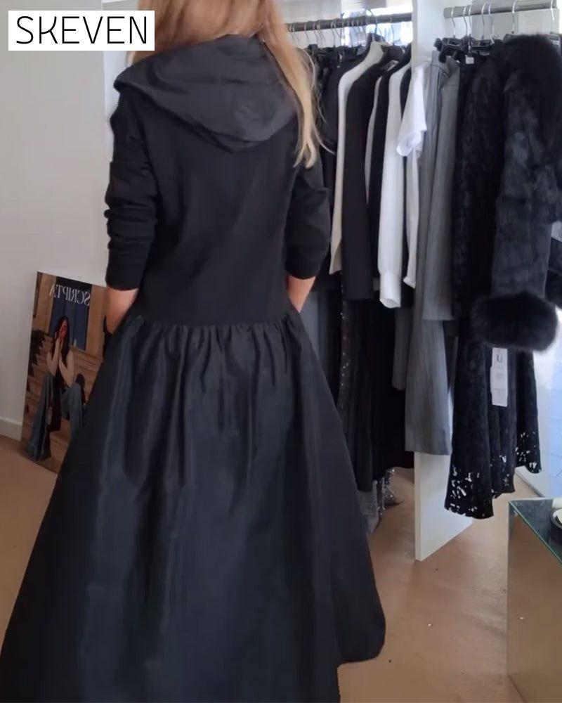 Robe décontractée à capuche zippée et poches patchwork