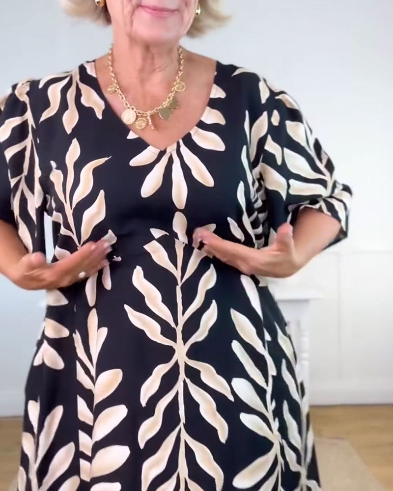 V-Neck Loose Short Sleeve Printed Dress