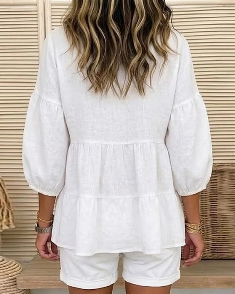 Crew Neck Baby Doll Lantern Medium Sleeve Blouse