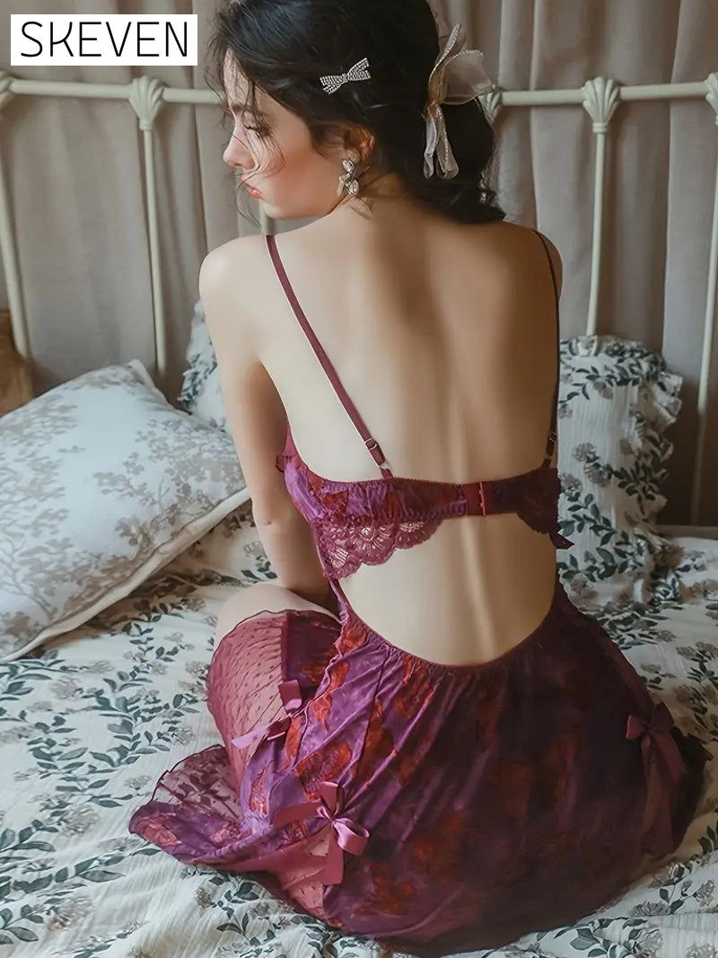 Women's Slim Fit Low V Lace-Up Butterfly Print Camisole Nightgown with Bralette and Backless Loungewear Set