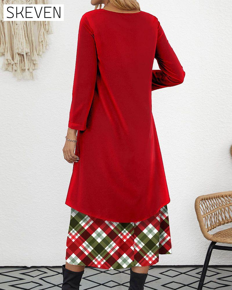 Robe trapèze rouge à carreaux 2 en 1 en velours