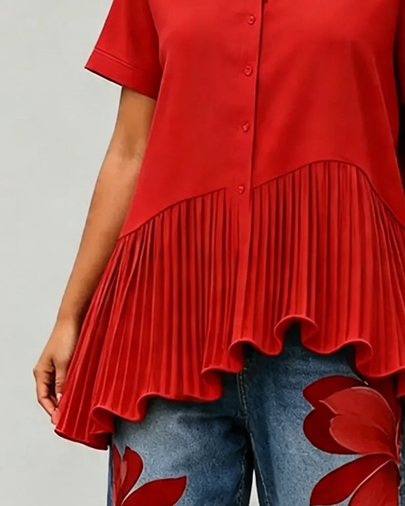 Asymmetrical Pleated Hem Lapel Blouse