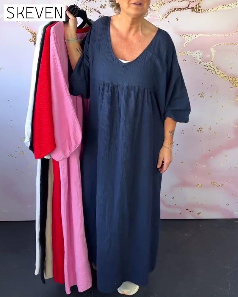 Kleid im Waldstil mit V-Ausschnitt, Falten und einfarbig