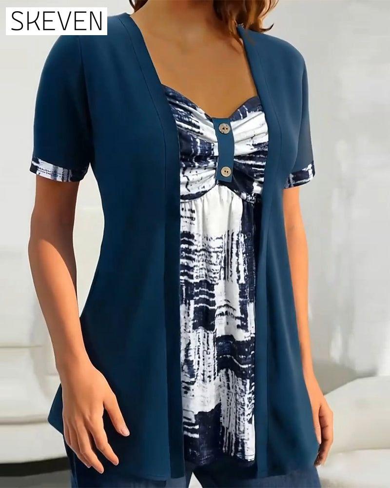 Printed Fake Two Piece Irregular Blouse